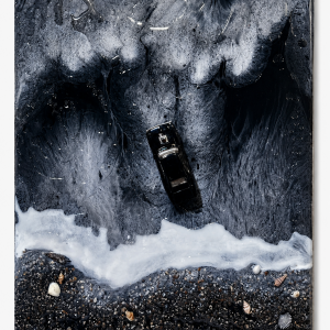 Storm Beach Dodge 1970 Art Piece – Handmade Black Ocean Resin Painting with Classic Dodge Car, Beach Waves and Pebble Shore Detailing