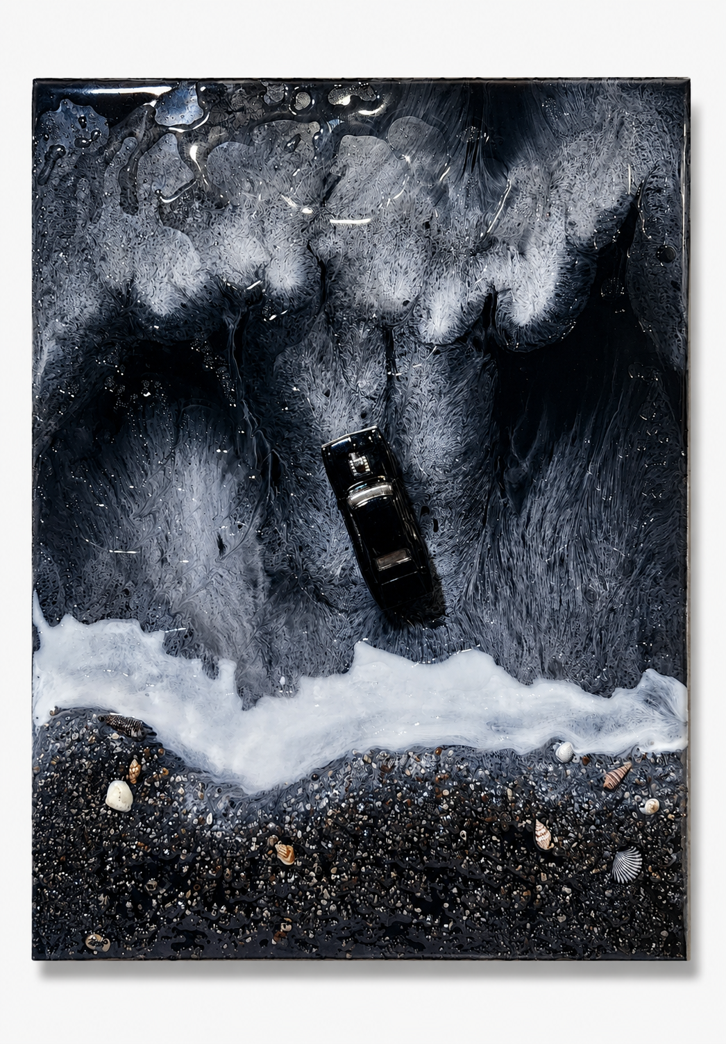 Storm Beach Dodge 1970 Art Piece – Handmade Black Ocean Resin Painting with Classic Dodge Car, Beach Waves and Pebble Shore Detailing
