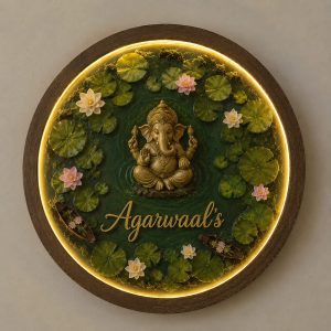 Title: Agarwaal’s Lotus Pond Ganesha – Illuminated Handmade Nameplate