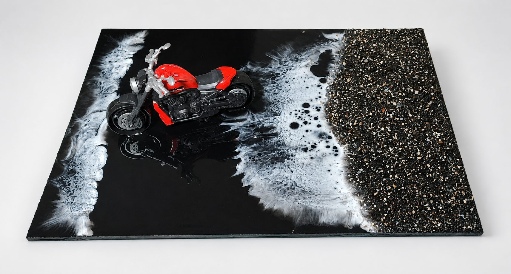 Midnight Shore Bike Art Piece – Black Ocean Resin Decorative Piece with Miniature Bike and Beach Wave Effect