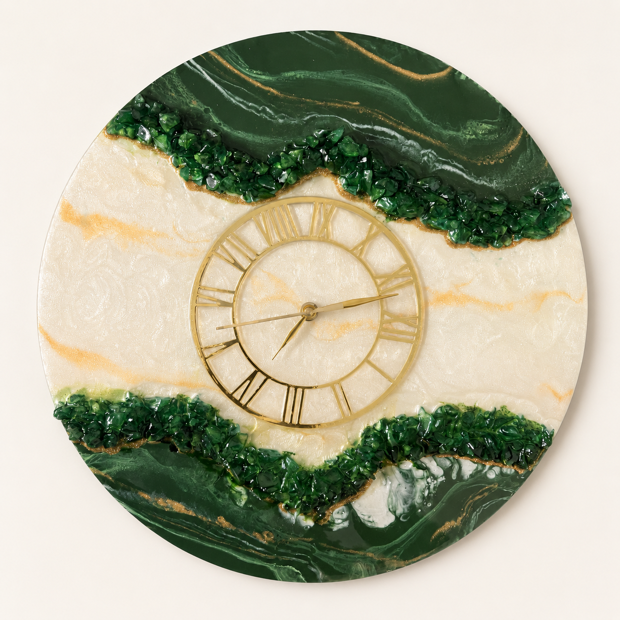 Golden Tide Resin Wall Clock – Premium Green and White Marble Effect Wall Clock for Home & Office Décor