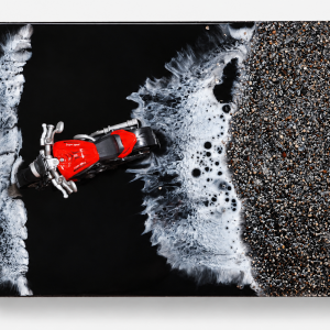 Midnight Shore Bike Art Piece – Black Ocean Resin Decorative Piece with Miniature Bike and Beach Wave Effect