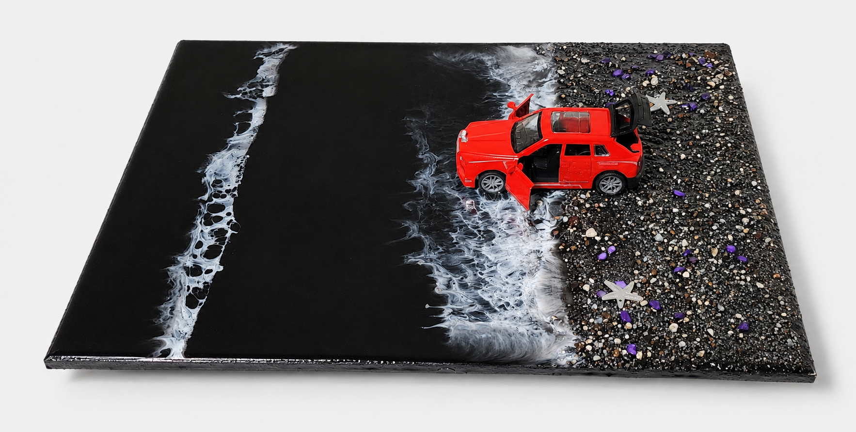 Royal Red Shore Resin Art – Handmade Beach Theme Resin Painting with Red Rolls-Royce Car, Ocean Waves and Pebble Shore Detailing