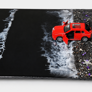 Royal Red Shore Resin Art – Handmade Beach Theme Resin Painting with Red Rolls-Royce Car, Ocean Waves and Pebble Shore Detailing