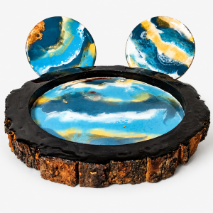 Azure Tide – Ocean Resin Tray with 2 Coasters – Handmade Resin Décor Set with Ocean Blue, White Waves and Golden Marble Finish