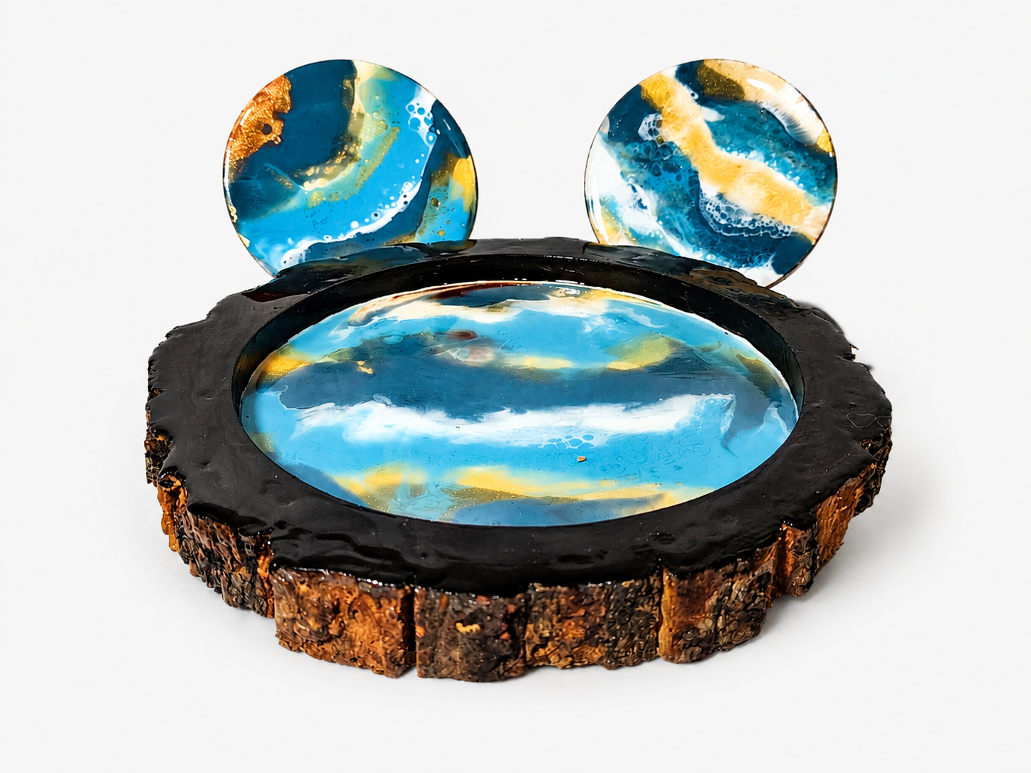 Azure Tide – Ocean Resin Tray with 2 Coasters – Handmade Resin Décor Set with Ocean Blue, White Waves and Golden Marble Finish