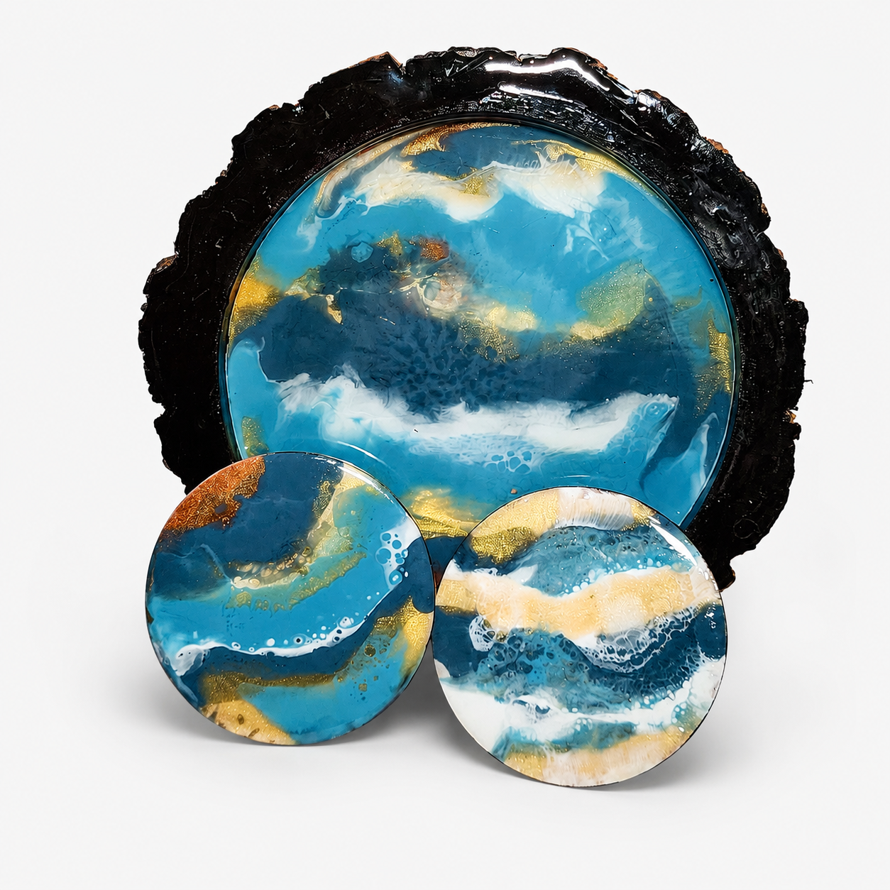 Azure Tide – Ocean Resin Tray with 2 Coasters – Handmade Resin Décor Set with Ocean Blue, White Waves and Golden Marble Finish - Image 3