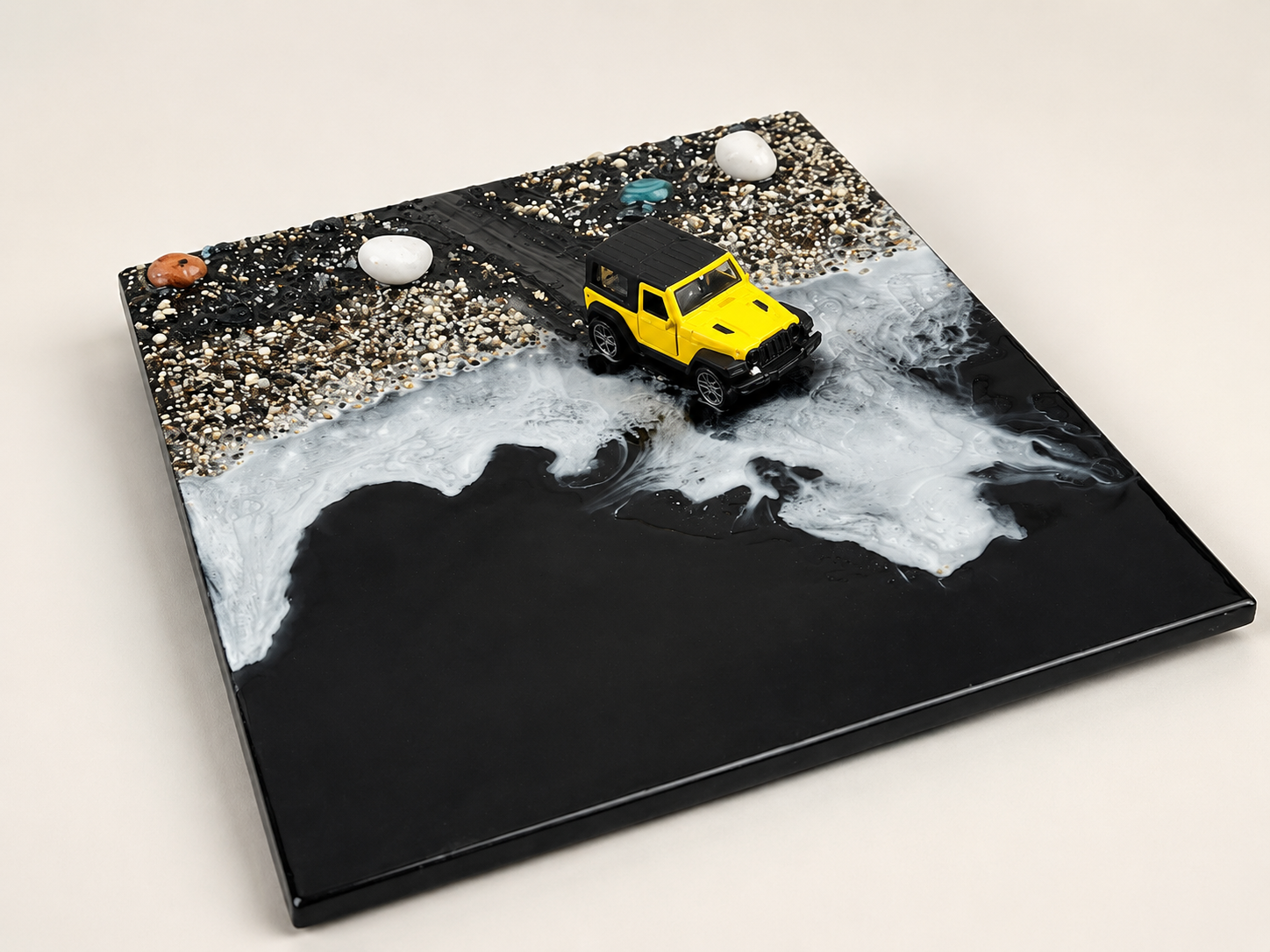Yellow Trail Beach Resin Art – Modern Coastal Decorative Piece with Yellow SUV, White Waves and Beach Stone Detailing